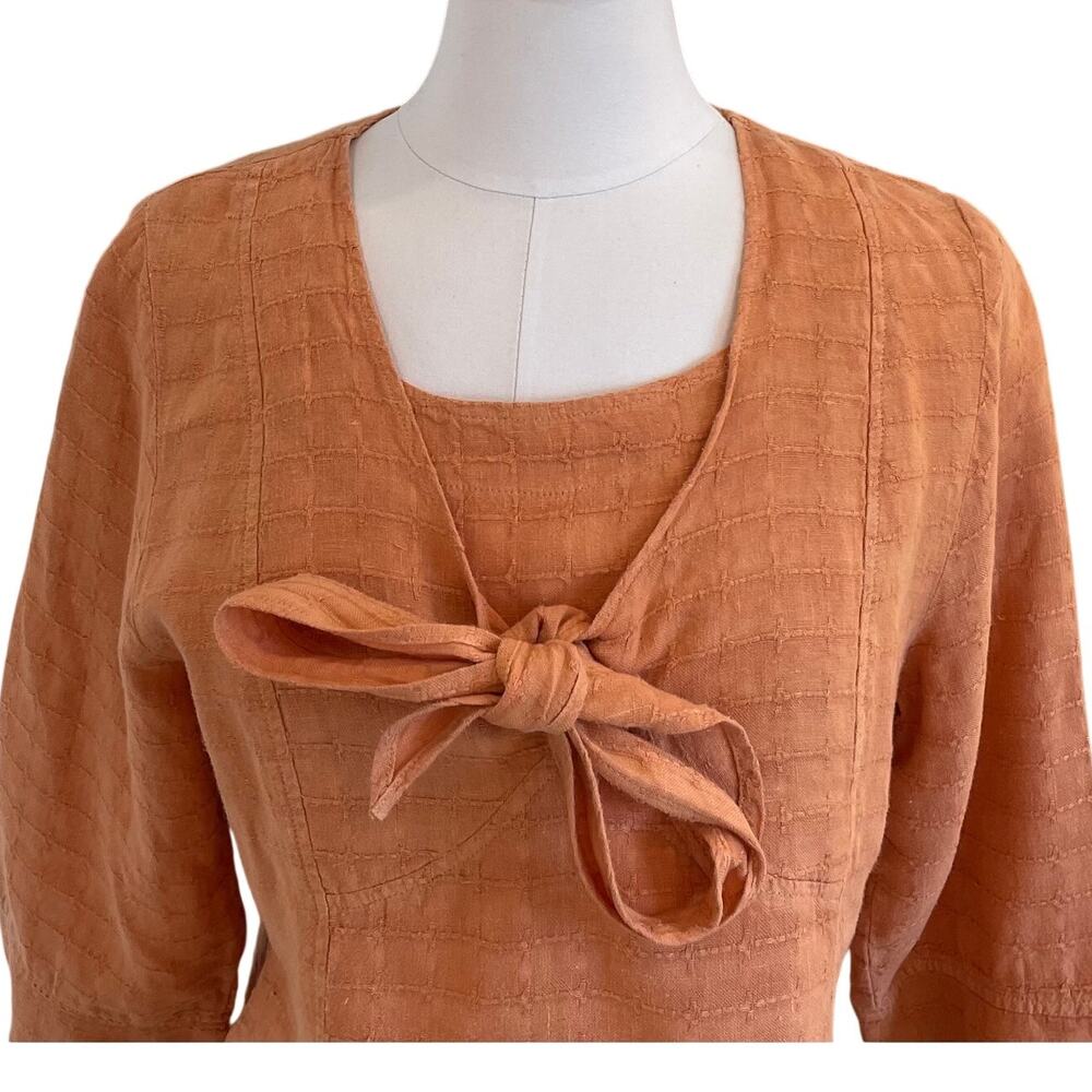 Mosaic USA Peach / Light Orange Tie Front 3/4 Sleeve Linen Blouse, Size S - Picture 2 of 11